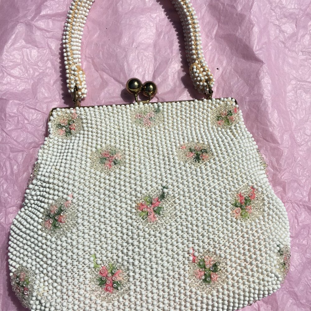 Vintage 1950s Corde Pretty Pink Floral Beaded Bag